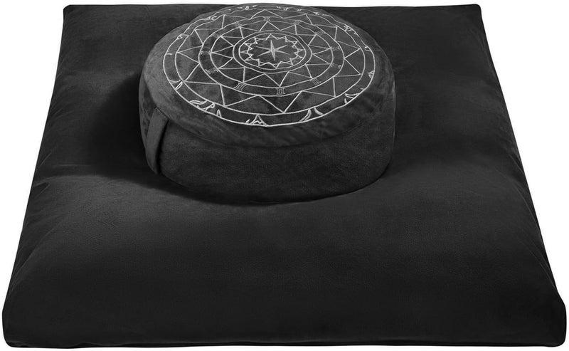 ellier Zafu & Zabuton Meditation Cushion Set - Buckwheat Hull & Memory Foam Pillows, Ergonomic Support for Yoga, Mindfulness - Organic Velvet Cover, Large Size, Durable Comfort (Black) - Image 1
